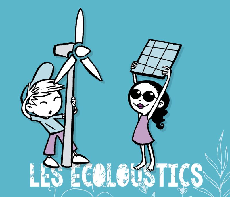 Illustration Ecoloustics representant des enfants tenant dans leurs mains un panneau solaire et une éolienne